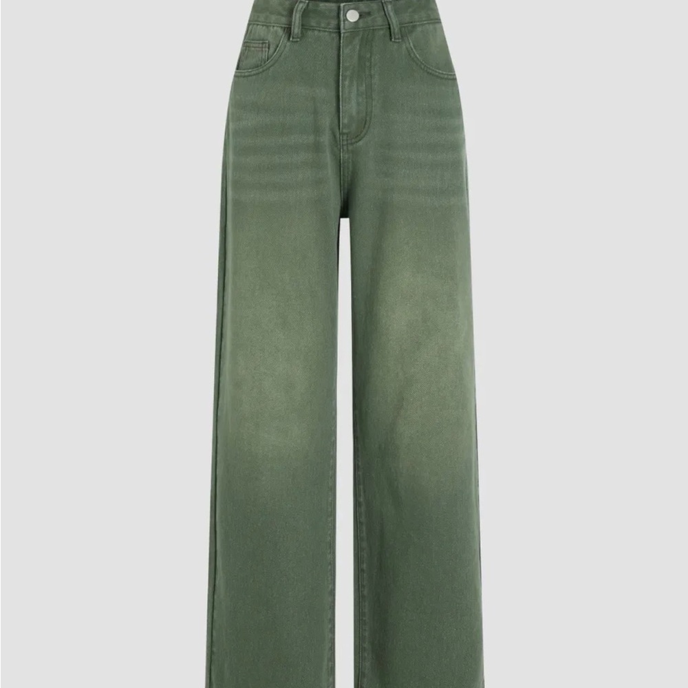 Cider Olive Green Honey Denim Mid Rise Solid Straight Leg Jeans